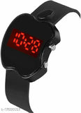 Black digital watch with red numbers and a simple black wristband