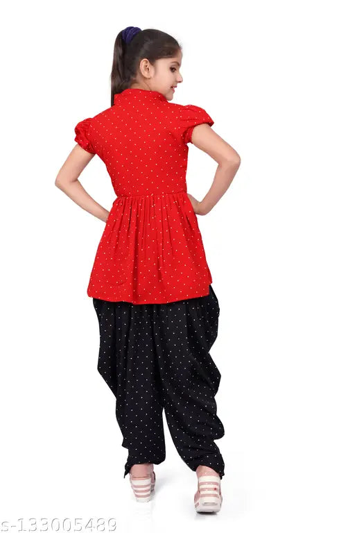 Crepe girl clothing set in self-design patterns, Pack of 2 sizes: 4-5 years, 5-6 years, and more. Quality dress from Misha Enterprise, made in India