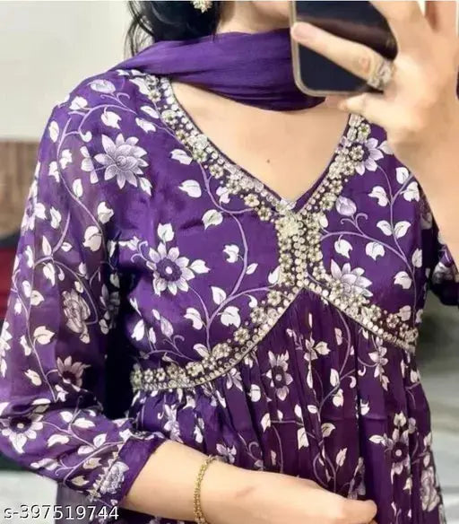 Purple rayon embroidered Aliya cut kameez with dupatta and pants for women