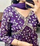 Purple rayon embroidered Aliya cut kameez with dupatta and pants for women