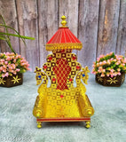 Golden wooden Singhasan (9 inches) by HINDE EXPORTS, intricately handmade for Krishna, Saibaba, or home decor
