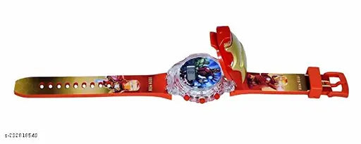 Red and gold wristwatch with glowing eyes