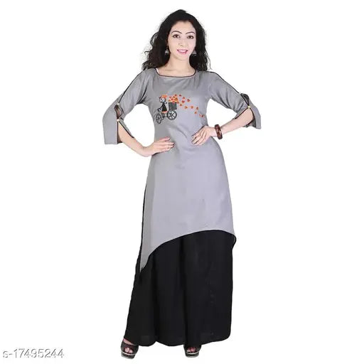 Rayon embroidered net NYPA Women's kurta and palazzo set, three-quarter sleeves