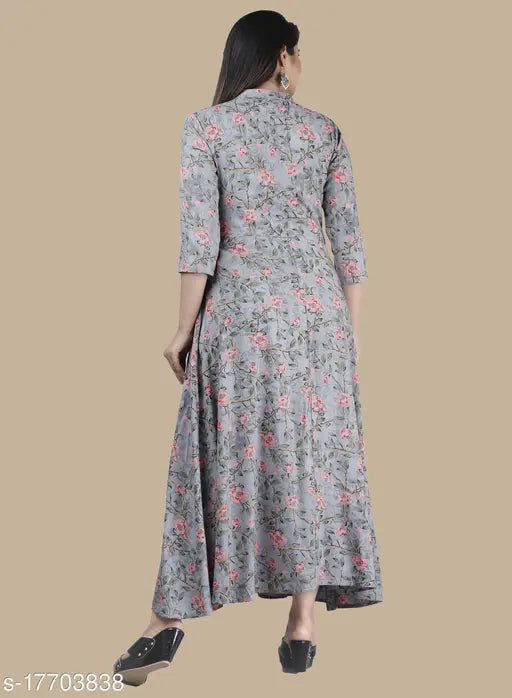 Rayon printed women's flaerd kurta, three-quarter sleeve Indian fashion on hangar