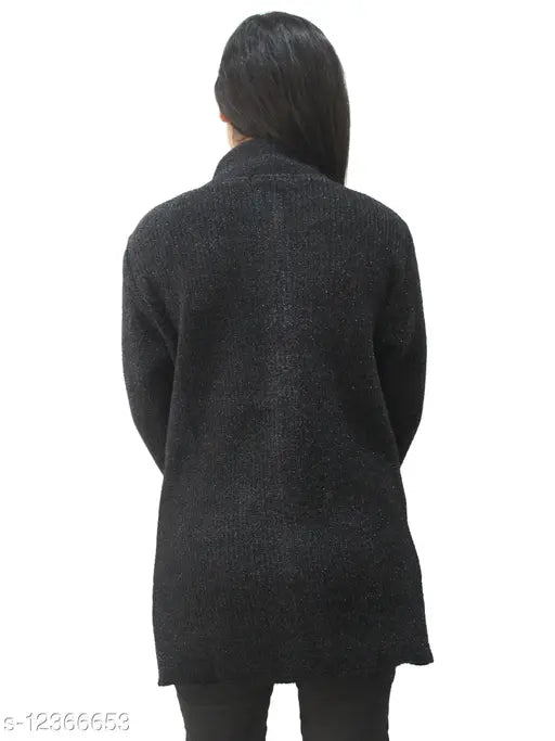Matelco women's high black wool sweater with long sleeves, solid design for M, L and XL sizes, made in India