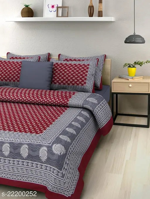 Graceful cotton flat sheets with ethnic motifs, 144 thread count, double bed and 2 pillow covers - Indian-printed