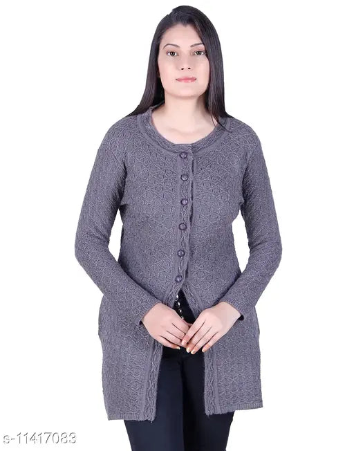 Acrylic women's long-sleeved camel cardigan by Ogarti, self-design knitted pattern in neutral tone