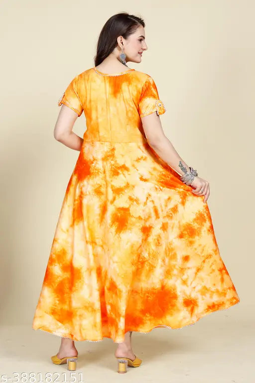 Orange yellow tie die print rayon short sleeved kurti