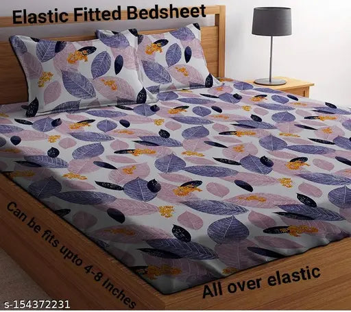 Premium Collections Glace Cotton Elastic Fitted Bedsheets, supersoft, wrinkle-free, geometric pattern, double bed (72x78+10 inches drop), ideal for summer use at home