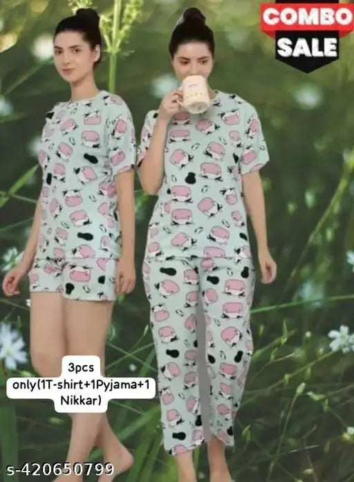 Green printed cotton pyjama set with t-shirt and nikkar for women's sleepwear from India