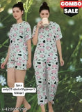 Green printed cotton pyjama set with t-shirt and nikkar for women's sleepwear from India