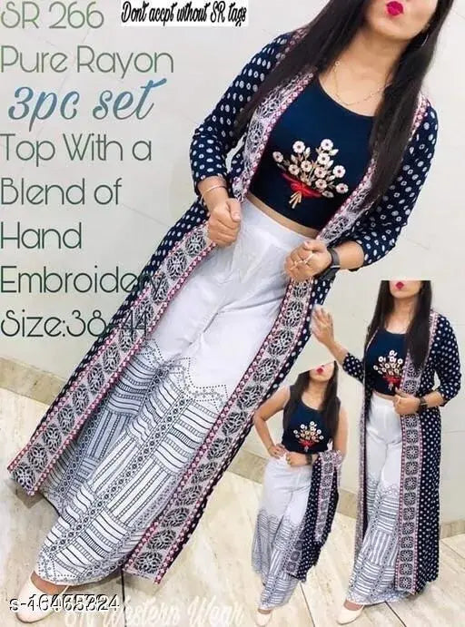 Rayon embroidered crop top kurti with palazzos, intricate Indian design on rayon fabric