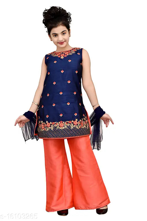Blue printed salwar kameez with embroidered floral design, fitted waistband and bell bottom trousers
