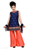 Blue printed salwar kameez with embroidered floral design, fitted waistband and bell bottom trousers