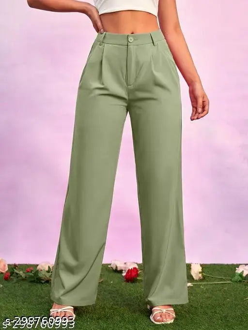 Olive green high-waisted trousers with elasticated waistband