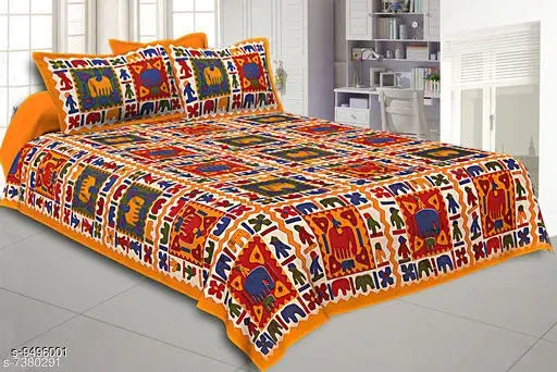 Yellow 100 cotton queen size double bedsheet & 2 pillow covers, perfect for Indian festivals like Navratri