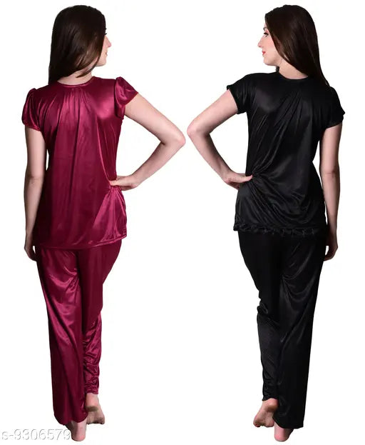 Wine black satin pajama set combo, women's sleepwear by Senslife