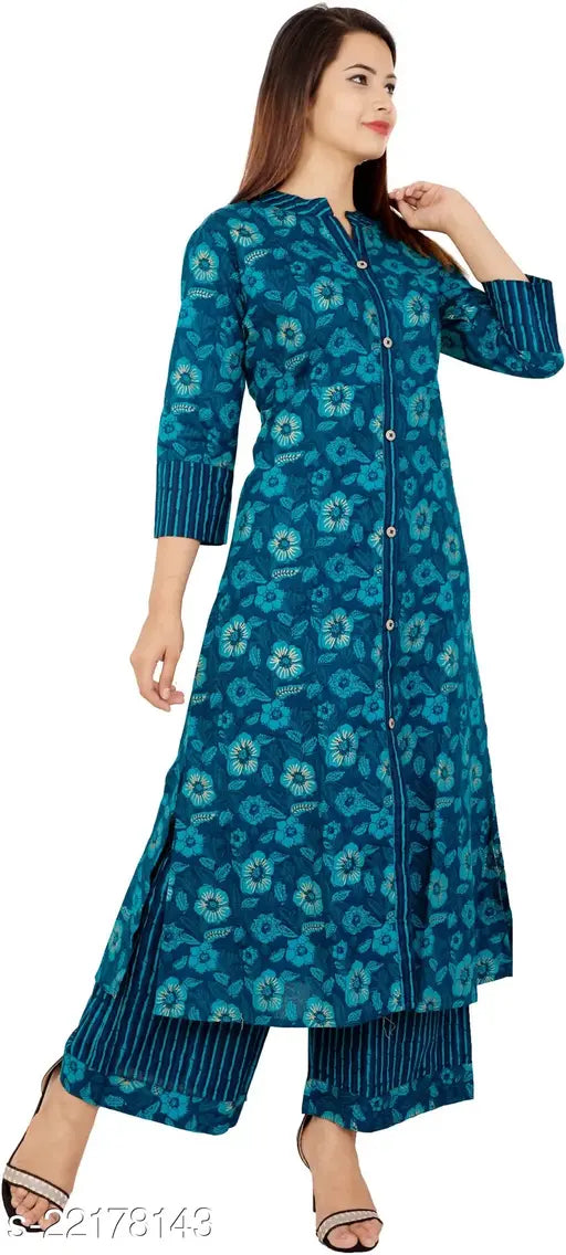 Bright printed cotton Kurta & Palazzo set, elegant three-quarter sleeves, Indian women's fashion