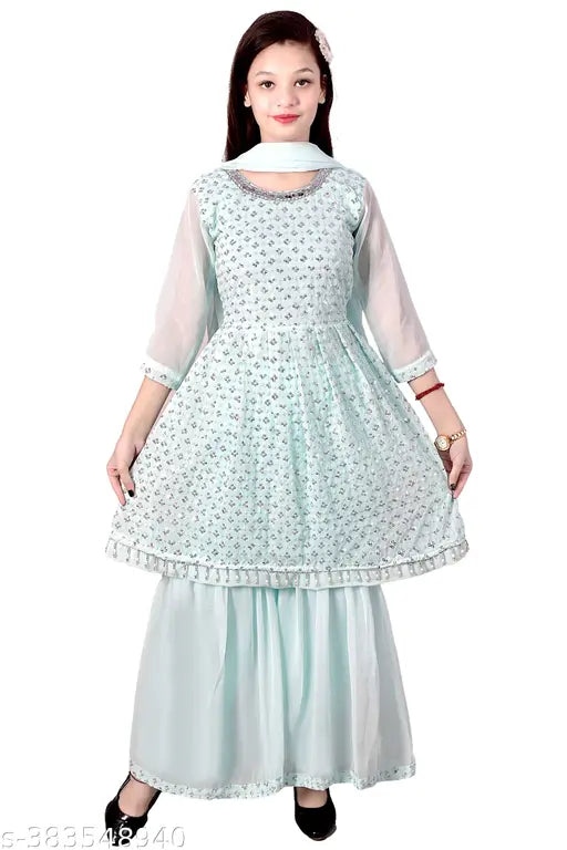 Sky Blue Sharara Set on Georgette Dupatta, A-line top with three-quarter sleeves. Traditional yet modern ensemble for girls aged 4-12 years. Indian origin