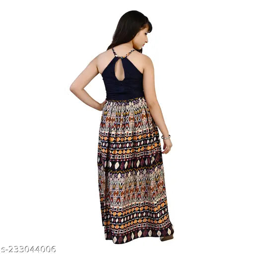 This is an image of a long dress with vibrant, multicolored patterns. It features a deep V-neckline and a side cutout detail on the back. The dress appears to be made from a stretchy fabric, suitable for casual or party wear