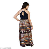 This is an image of a long dress with vibrant, multicolored patterns. It features a deep V-neckline and a side cutout detail on the back. The dress appears to be made from a stretchy fabric, suitable for casual or party wear