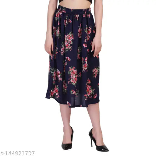 Multi-colored crepe polyester calf-length skirt with elasticated belt, 30 inches long and available in sizes 26-34 (India origin)