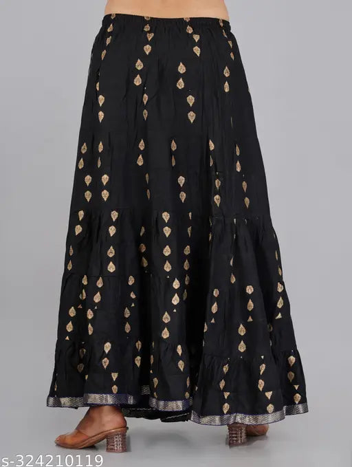 Black printed rayon long skirt, stylish and versatile for women's wardrobe