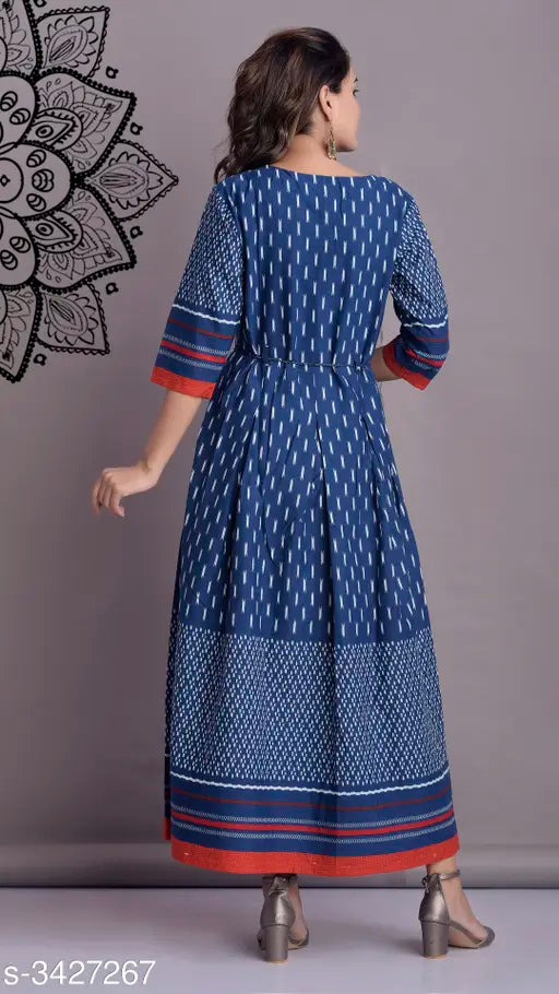 Blue and white printed cotton blend women's anarkali kameez, 3/4 length