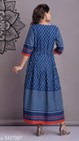 Blue and white printed cotton blend women's anarkali kameez, 3/4 length