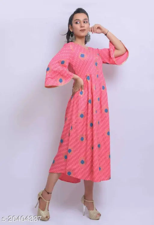 Rayon multi colored long dress for women, with short sleeves and round neckline