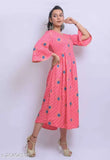 Rayon multi colored long dress for women, with short sleeves and round neckline