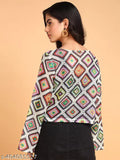 Multicolored cotton blend crop top with long sleeves, featuring geometric print and crochet-like detailing. Indian handcrafted fashion