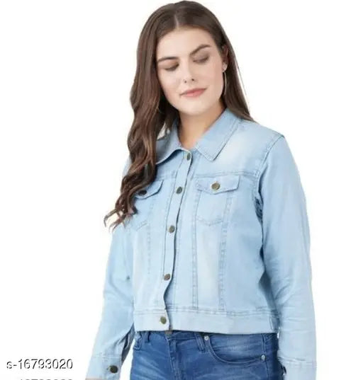 Denim three-quarter sleeve women's jacket, solid design, size S (34in bust, 19in length, 32in waist, 16in hip, 14in shoulder)