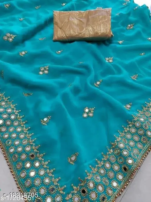 Blue embroidered saree with a matching bag, gold border