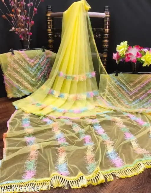 Yellow net saree with tassels/latkans and separate blouse piece, applique pattern matching, free size, 5.5m saree length, 0.9m blouse length, Indian origin
