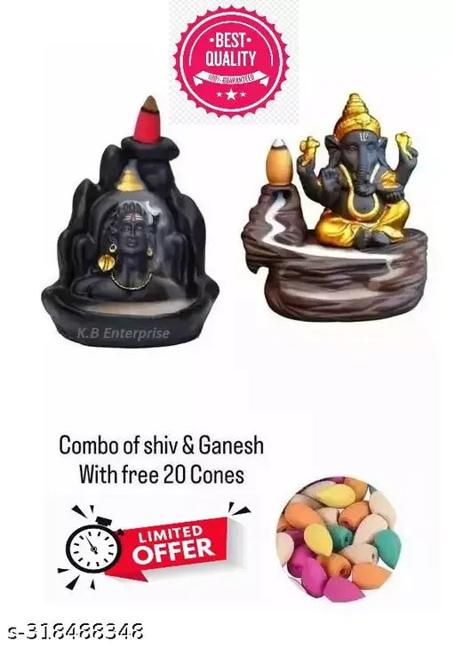 Golden Shiv-Ganesha Smoke Fountain Poly Resin Incense Holder (8cm x 12cm x 10cm), includes 20 Back Flow Incense Cones. Aadiyogi and Shiva murti showpiece with waterfall effect