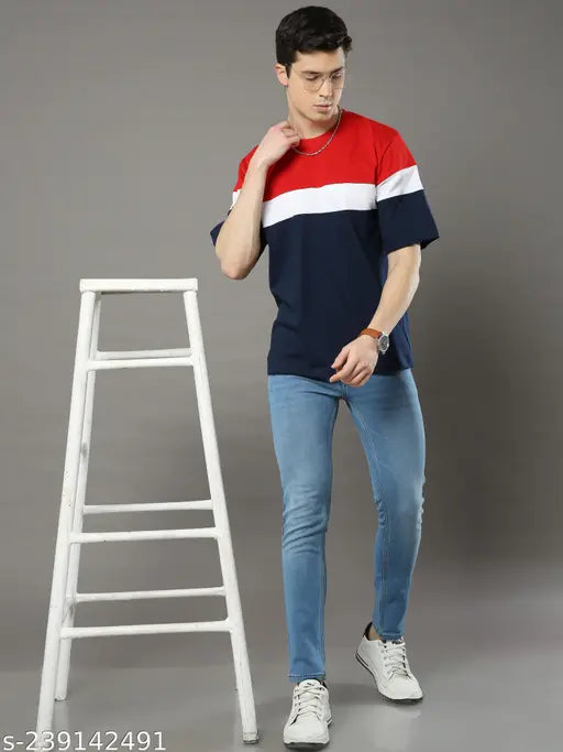 Navy cotton blend oversized striped t-shirt (red-white), Zinpand Men's fashionable apparel from Yathi Apparels