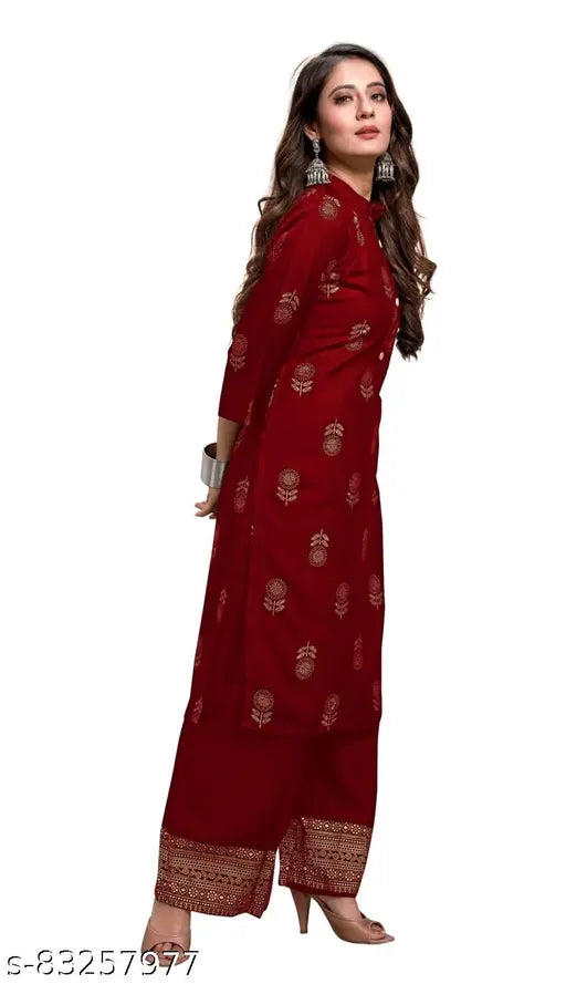 Rayon ethnic foil printed kurti and palazzo set, full stitched, Indian design in heavy rayon fabric with gold foil print