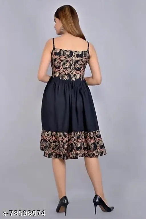 Black floral patterned sleeveless dress with cinched waist