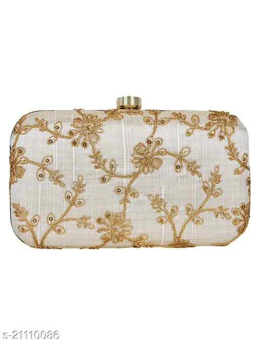 Beige embroidered evening clutch, gold chain strap