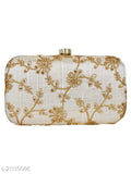 Beige embroidered evening clutch, gold chain strap