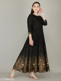 Rayon three-quarter sleeve printed gown, stylish embroidered one-piece dress from India