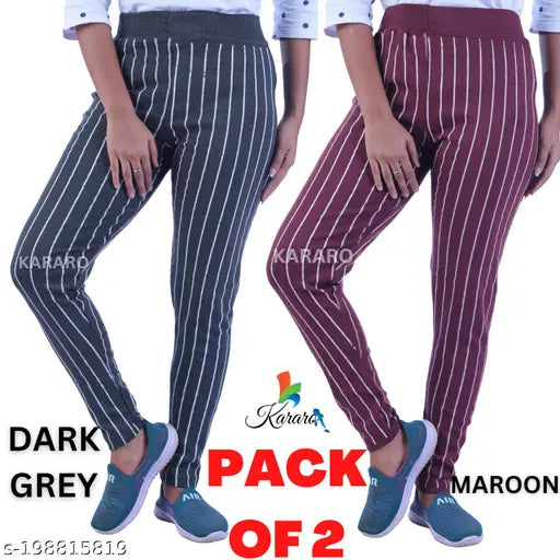 Striped cotton blend jeggings by KARARO. Recycled hosiery cotton waste blended with polyester, offering good quality and comfort for a stylish yet lightweight fit. Available in sizes 26, 28, 30, 32, 34, and Free Size. Made in India