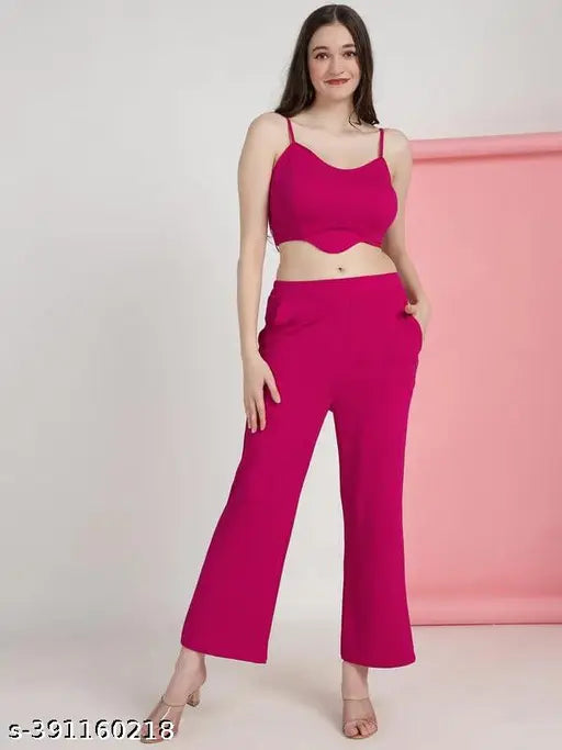 Women's Lycra 3-piece co-ord set: Solid color jacket, crop top, and trouser coords for casual wear, modern fashion, India origin