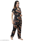 Trendy black satin nightsuit with floral print, women's comfortable sleepwear in M, L, XL, Free Size (India)