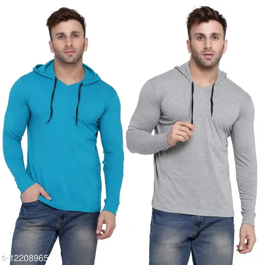 Aqua blue cotton blend solid hood t-shirts pack for men, short sleeves, sizes S-XL
