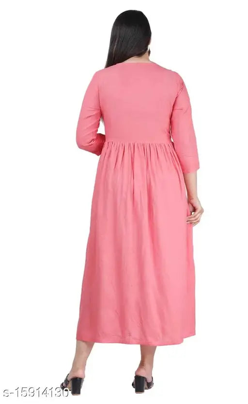Peach rayon embroidered flared kurti, trendy attire with three-quarter sleeves, made in India