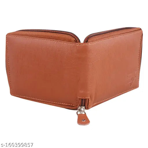 Tan faux leather round zip wallet for men, solid design with 3 card slots, 2 secret compartments, coin pocket, and 2 currency compartments. Made in high-quality PU leather, not bulky despite multiple compartments, crafted in India