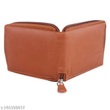 Tan faux leather round zip wallet for men, solid design with 3 card slots, 2 secret compartments, coin pocket, and 2 currency compartments. Made in high-quality PU leather, not bulky despite multiple compartments, crafted in India