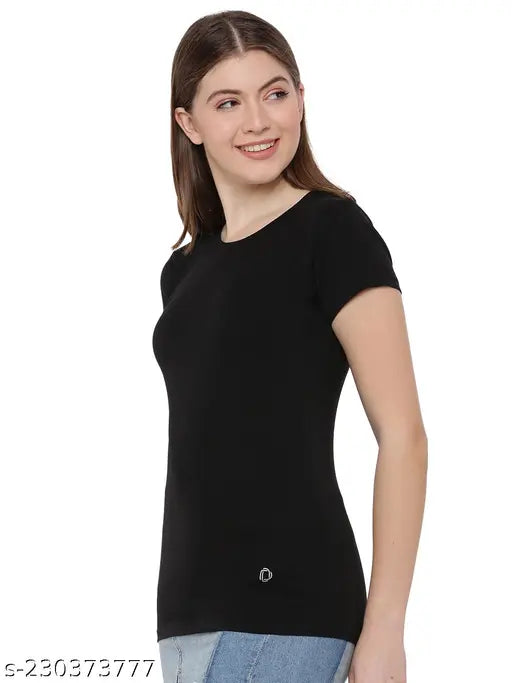 Black cotton round neck t-shirt, solid pattern, short sleeves - Dollar Women's T-Shirt for comfortable activewear and casual use